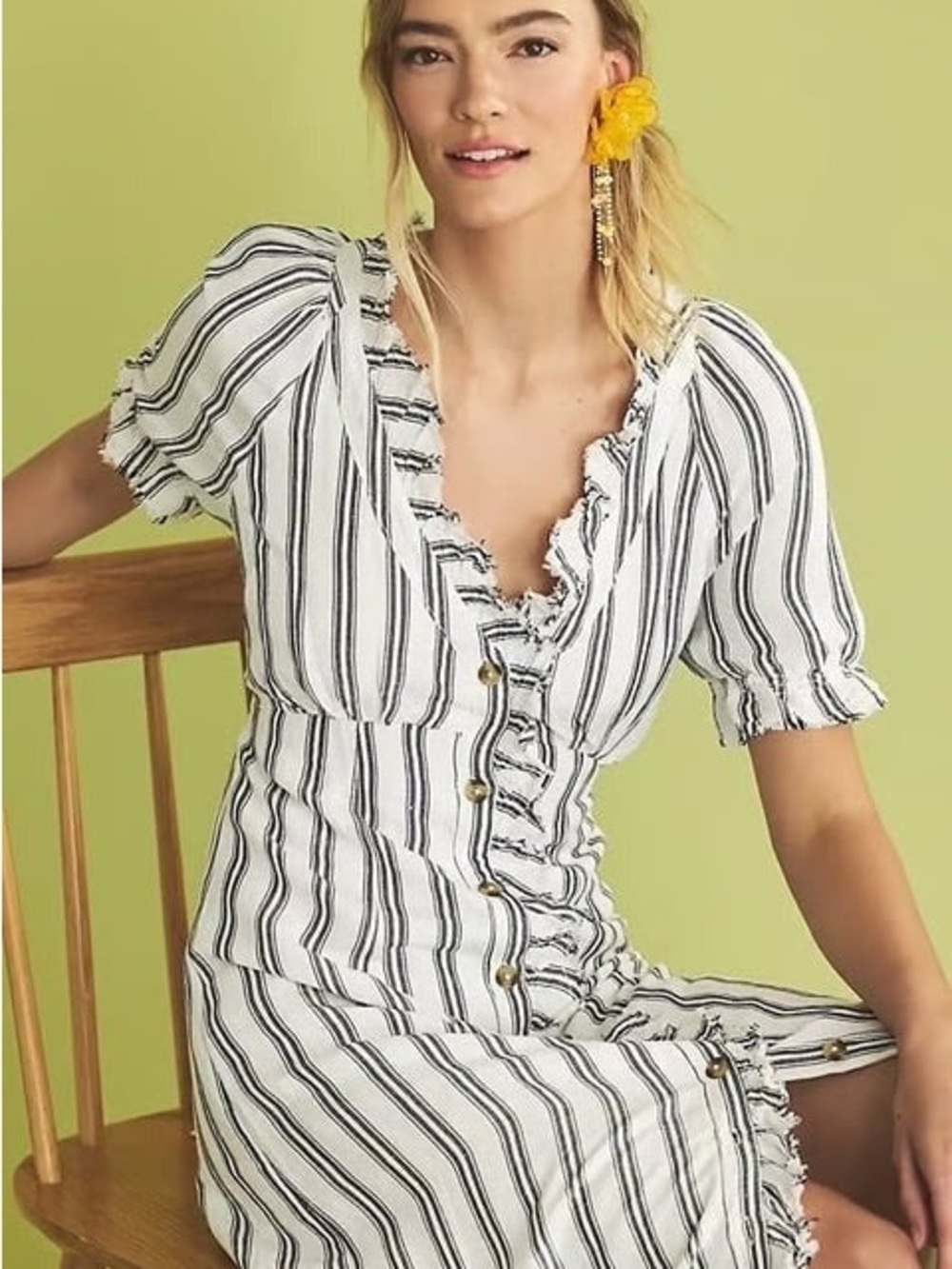 Anthropologie Pilcro Linen Blend Midi Dress Cottagecore Stripe Sz 4 Ruffle Colar